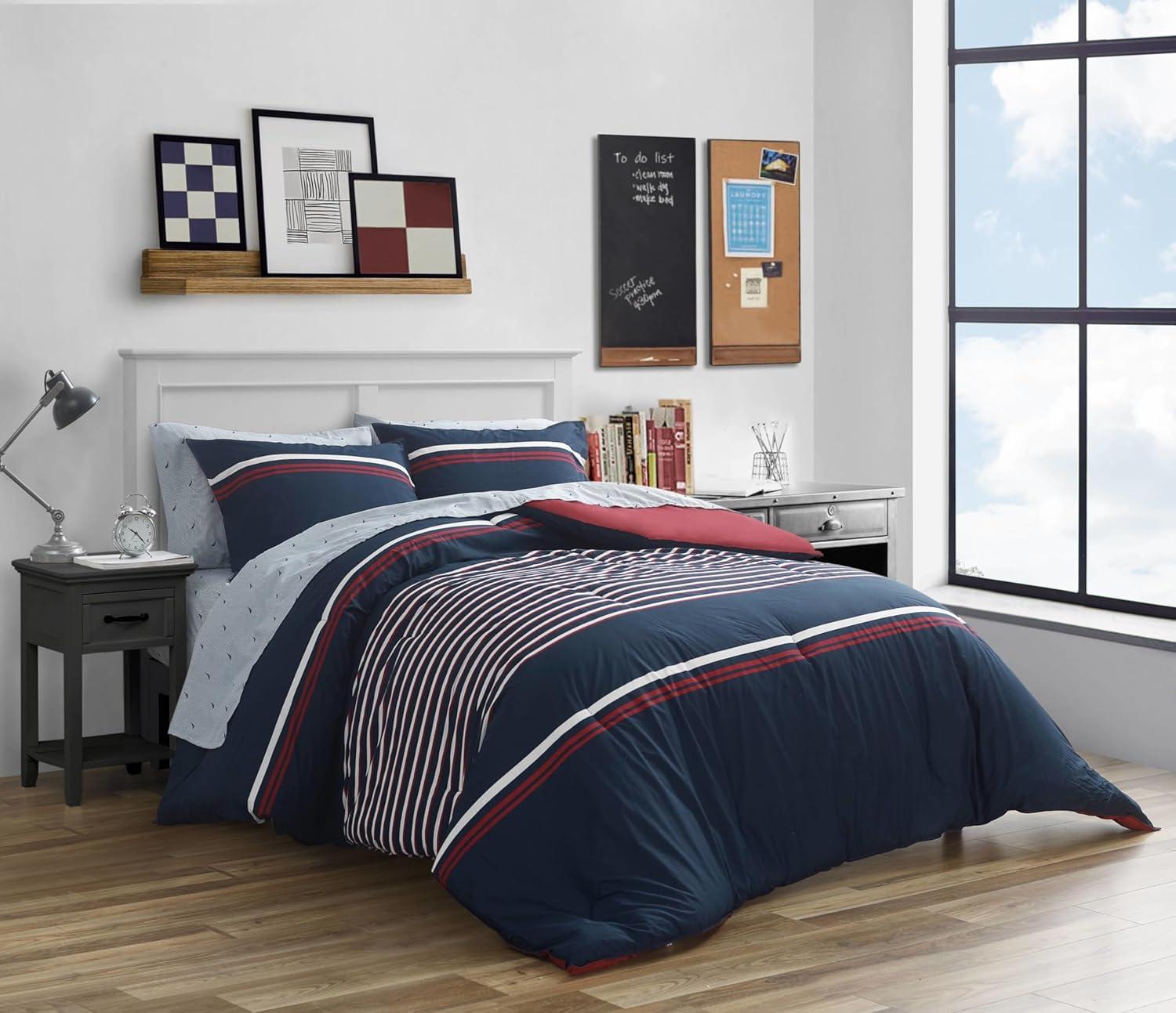 imageNautica  Twin Comforter Set Cotton Reversible Bedding with Matching Sham Medium Weight for Year Round Use OekoTex Certified Dorm Essentials Mineola NavyMineola Navy