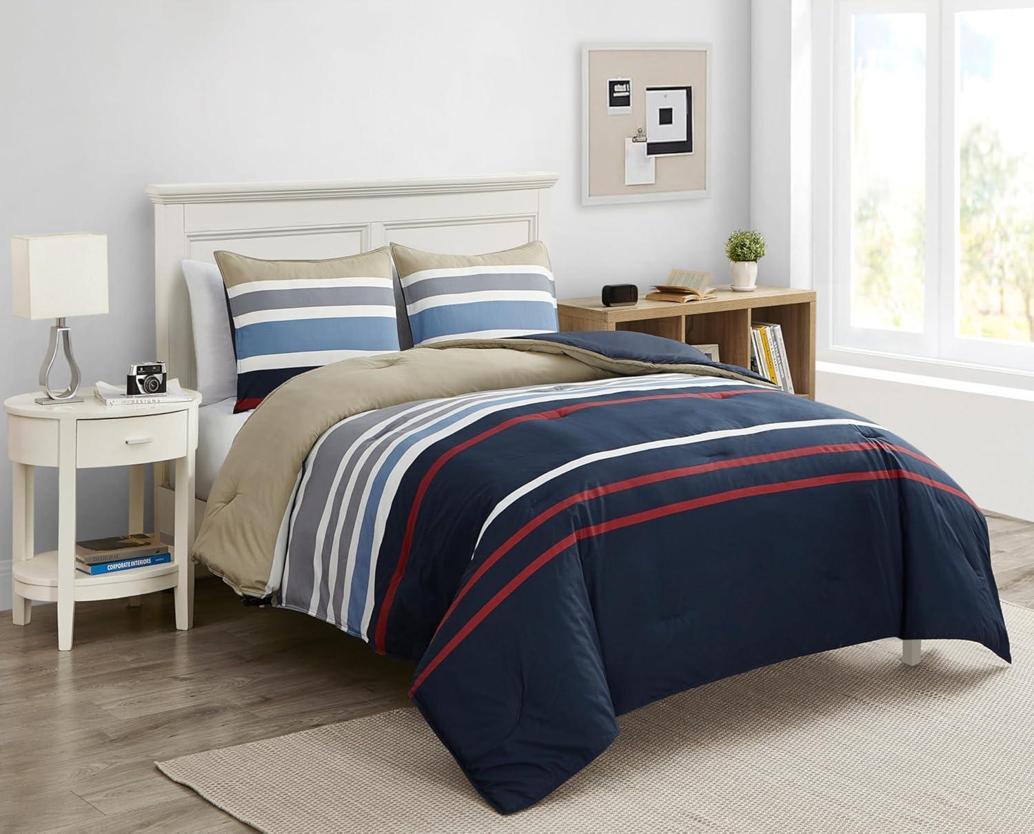 imageNautica  Twin Comforter Set Reversible Cotton Bedding with Matching Sham Medium Weight for Year Round Use OekoTex Certified Dorm Essentials Bradford NavyKhakiTwin