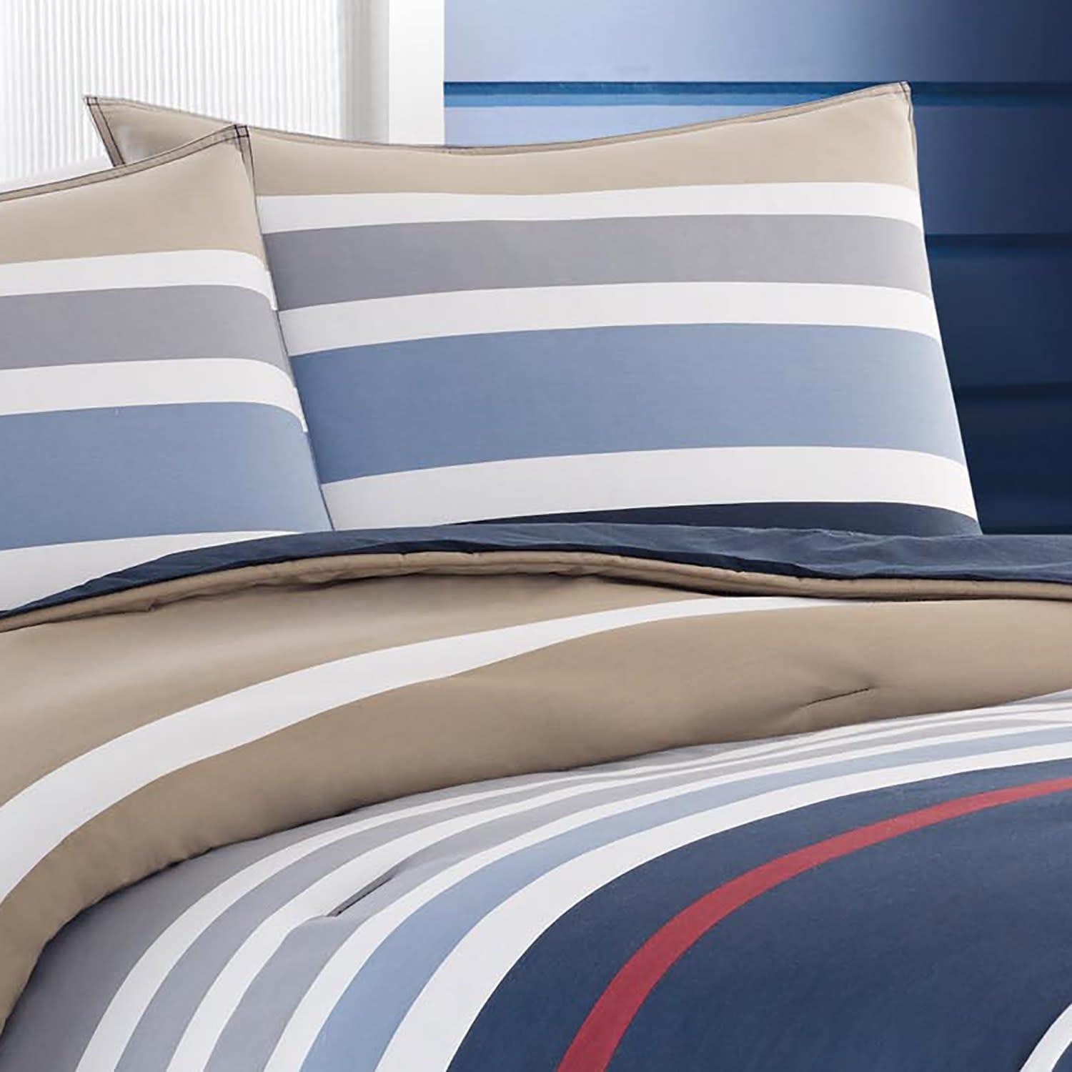 imageNautica  Twin Comforter Set Reversible Cotton Bedding with Matching Sham Medium Weight for Year Round Use OekoTex Certified Dorm Essentials Bradford NavyKhakiQueen