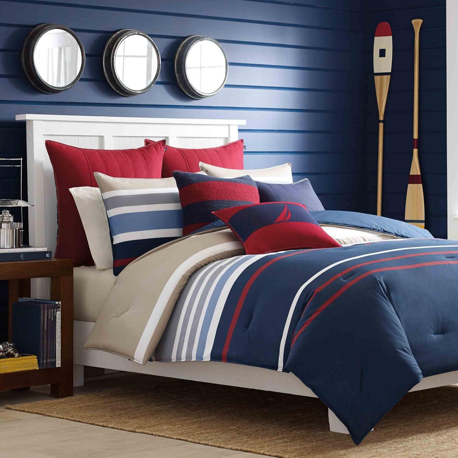 imageNautica  Twin Comforter Set Reversible Cotton Bedding with Matching Sham Medium Weight for Year Round Use OekoTex Certified Dorm Essentials Bradford NavyKhakiQueen