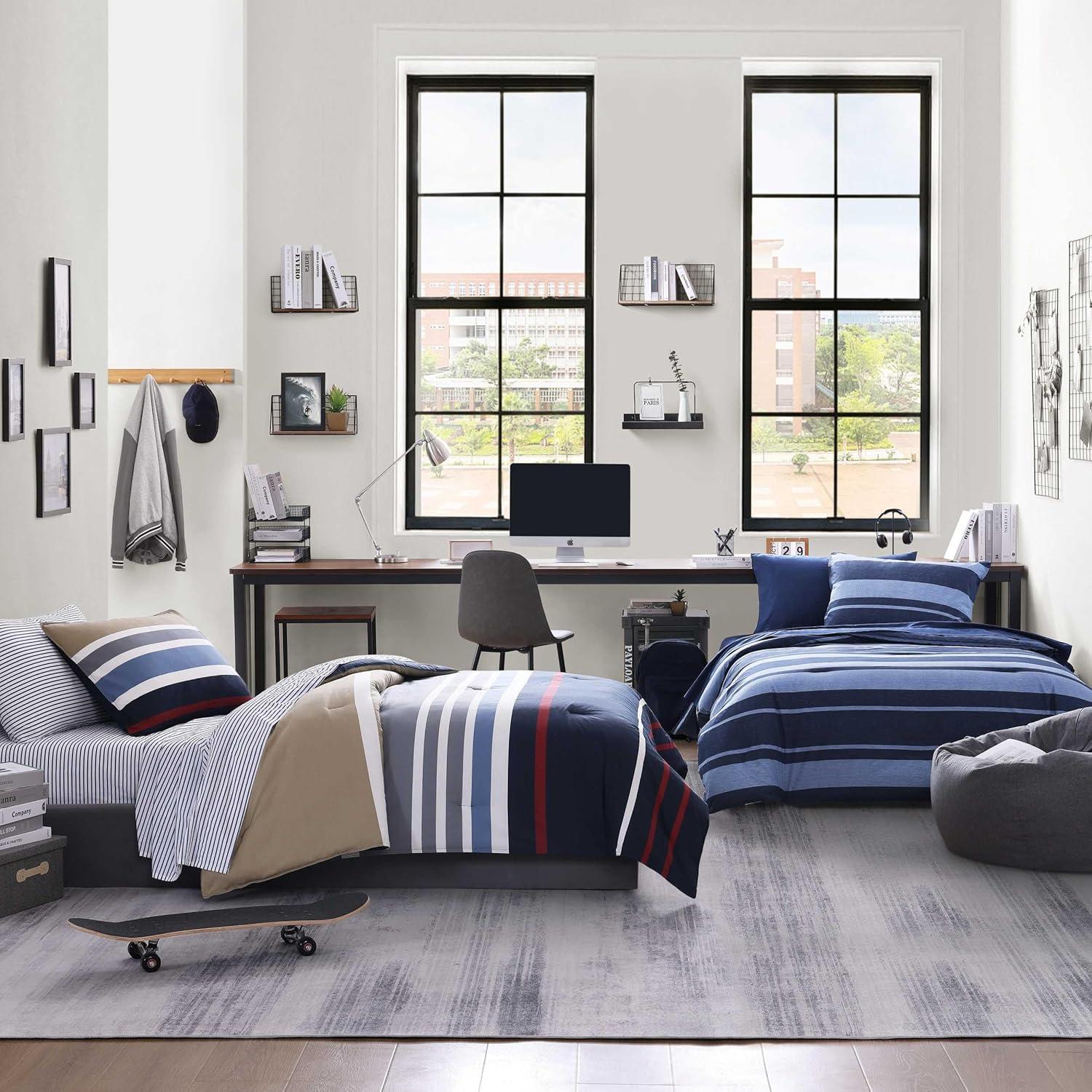 imageNautica  Twin Comforter Set Reversible Cotton Bedding with Matching Sham Medium Weight for Year Round Use OekoTex Certified Dorm Essentials Bradford NavyKhakiTwin