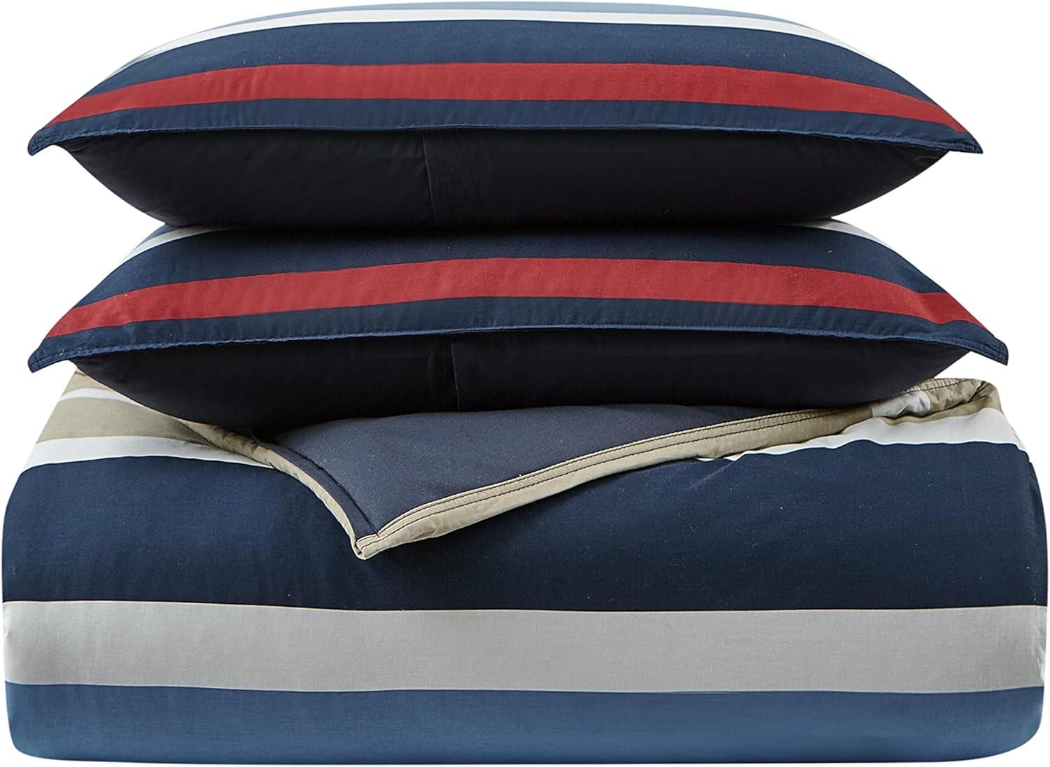 imageNautica  Twin Comforter Set Reversible Cotton Bedding with Matching Sham Medium Weight for Year Round Use OekoTex Certified Dorm Essentials Bradford NavyKhakiQueen