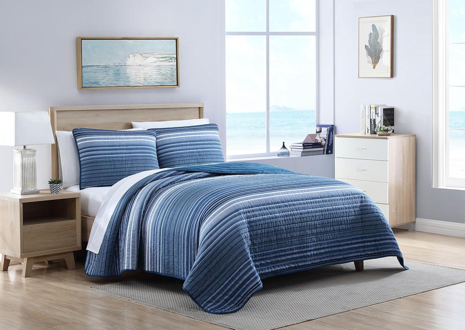 imageNautica  Twin Quilt Set Cotton Reversible Bedding with Matching Sham Dorm Room Essentials Coveside Blue TwinDark BlueMedium Blue