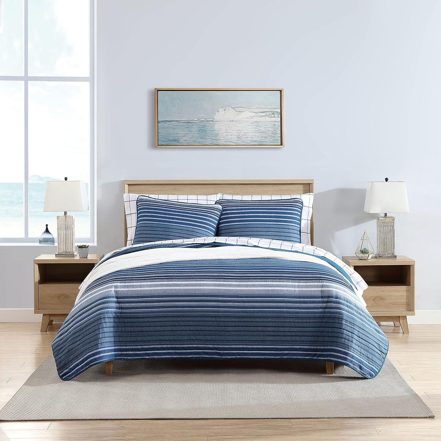 imageNautica  Twin Quilt Set Cotton Reversible Bedding with Matching Sham Dorm Room Essentials Coveside Blue TwinDark BlueMedium Blue