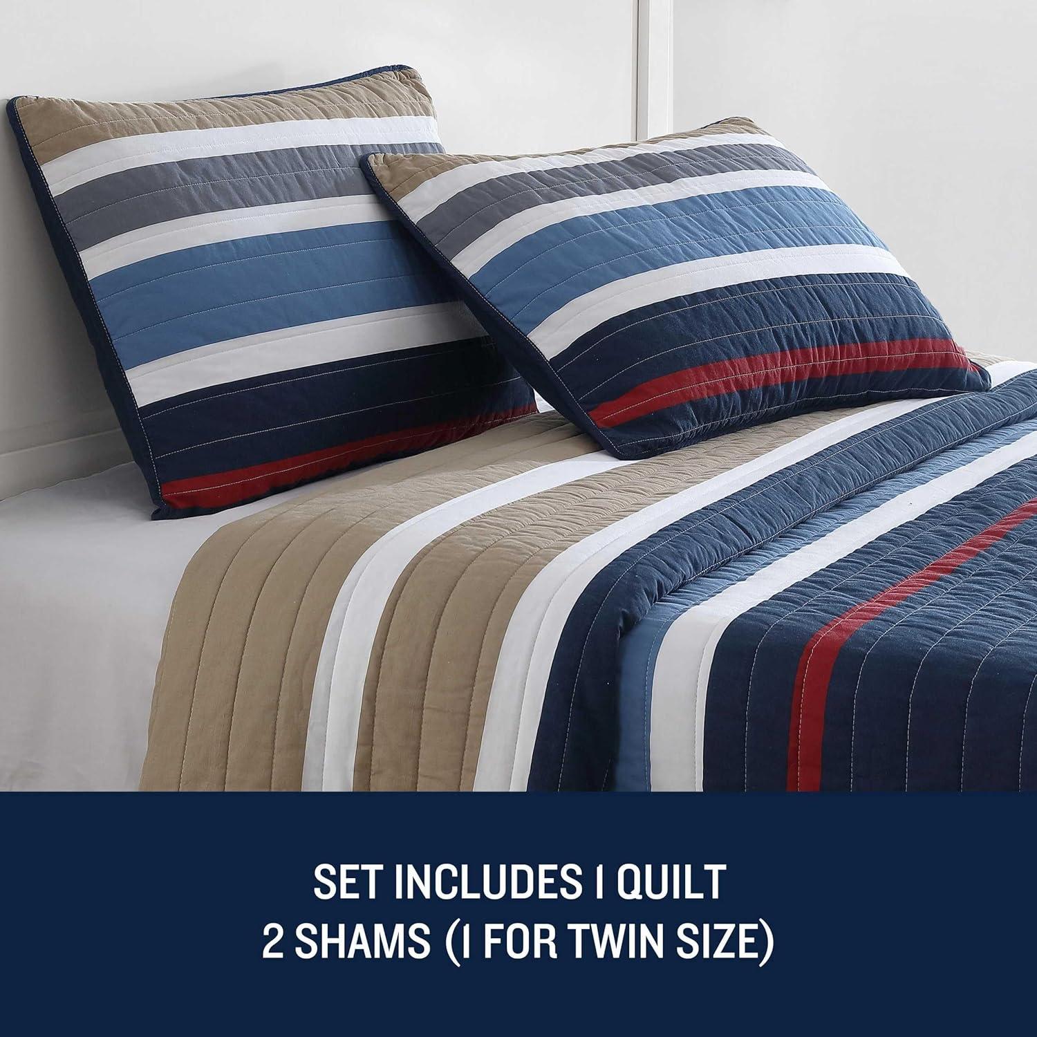 imageNautica  Twin Quilt Set Reversible Cotton Bedding with Matching Sham Bold ampamp Colorful Bedding Set for All Seasons Bradford Navy Blue Twin