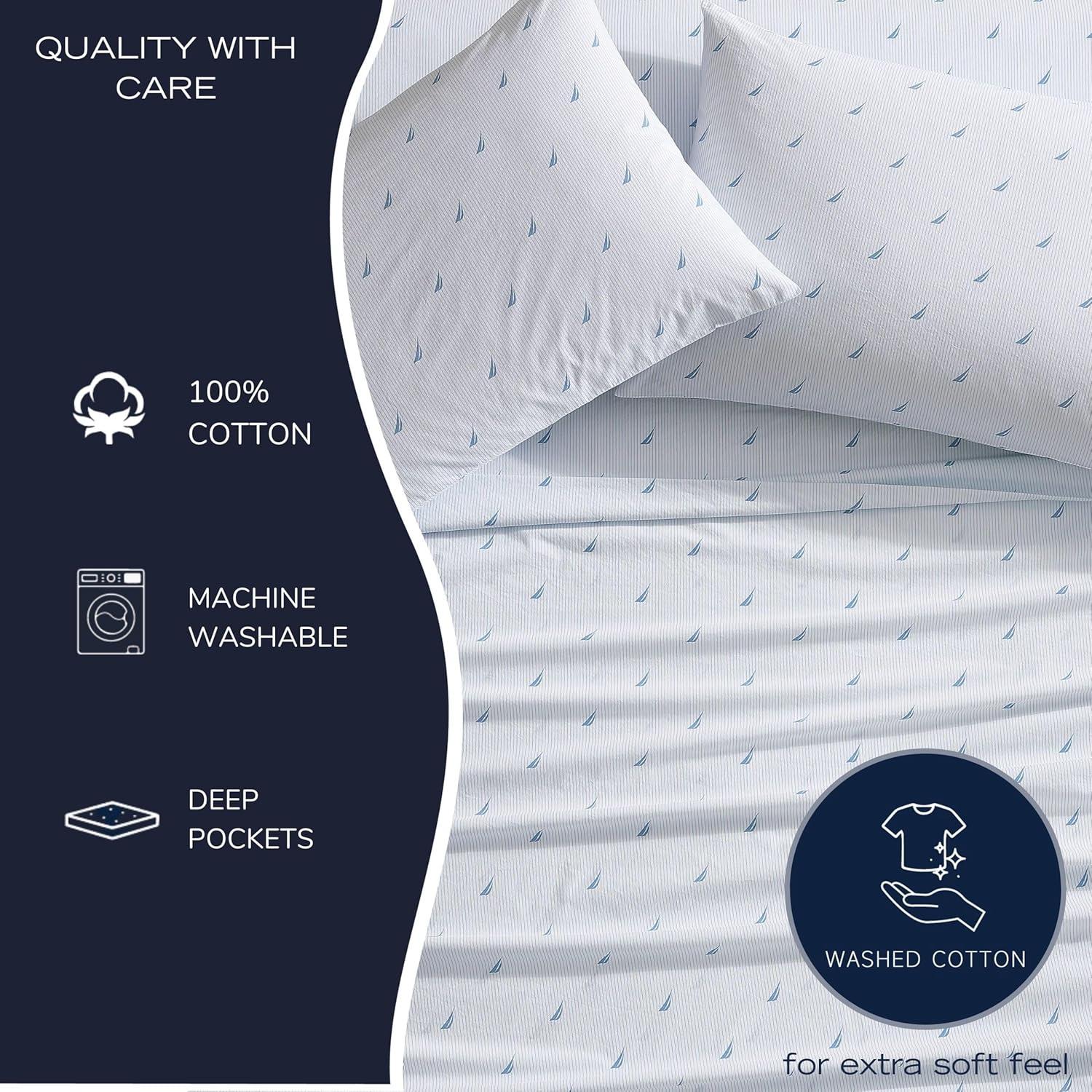 imageNautica  Twin XL Sheets Cotton Percale Bedding Set Crisp ampamp Cool Lightweight ampamp Breathable Boat Stripe Pale Blue Twin XL