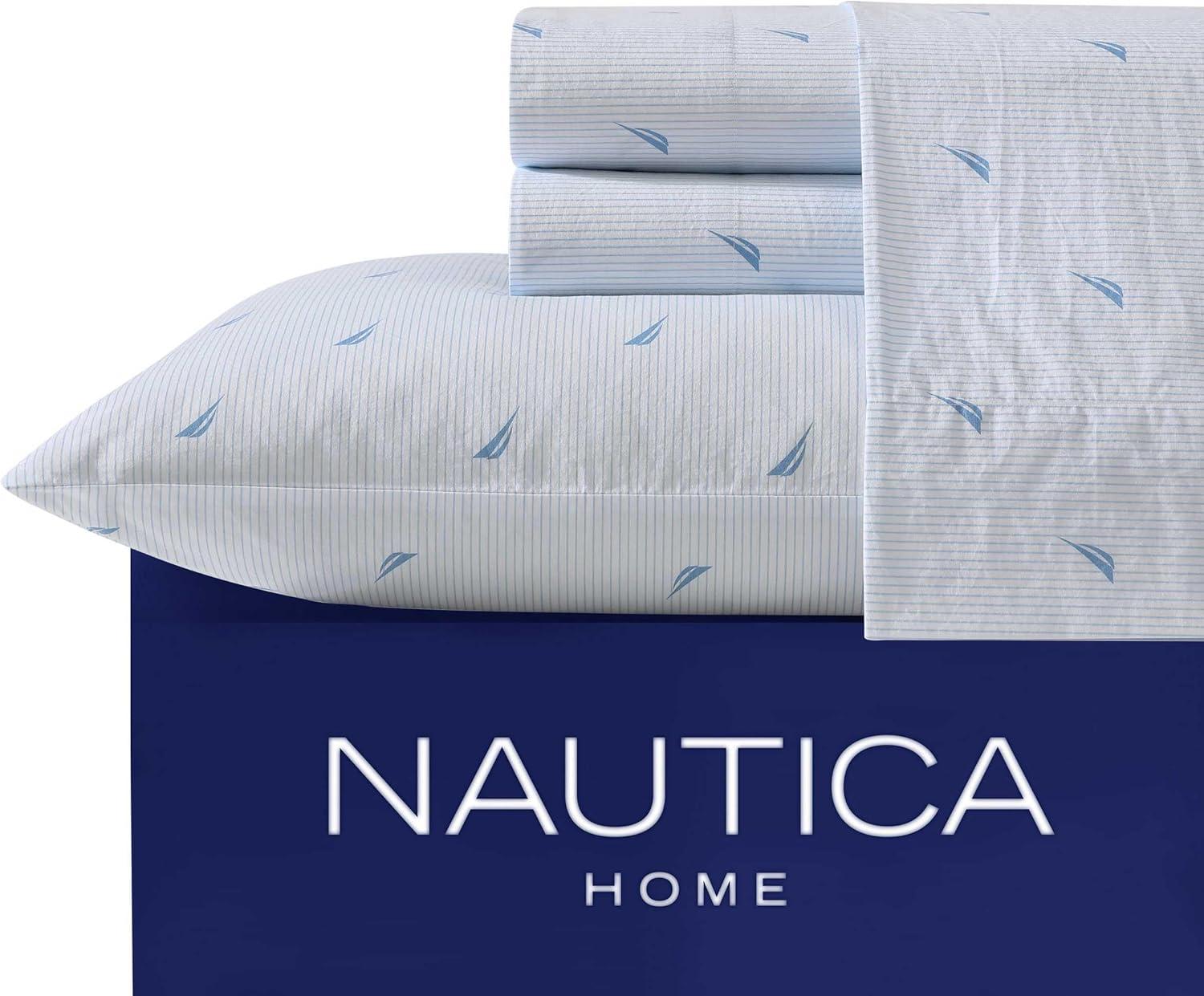 imageNautica  Twin XL Sheets Cotton Percale Bedding Set Crisp ampamp Cool Lightweight ampamp Breathable Boat Stripe Pale Blue Twin XL