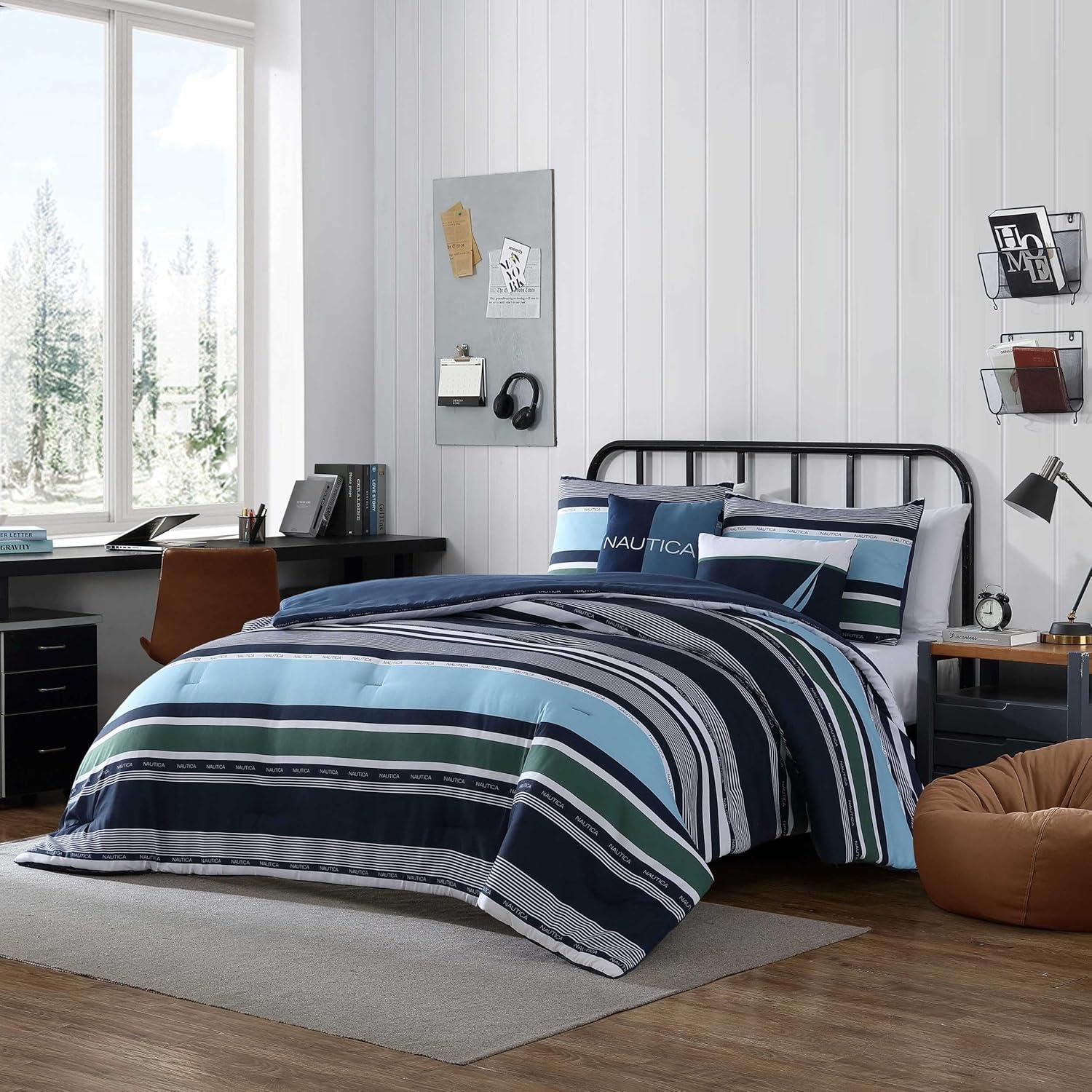 imageNautica  TwinTwin XL Comforter Set Cotton Bedding with Matching Sham Patchwork Print Bed Set Medium Weight for Year Round Use Dorm Essentials Mason BlueElliot Blue