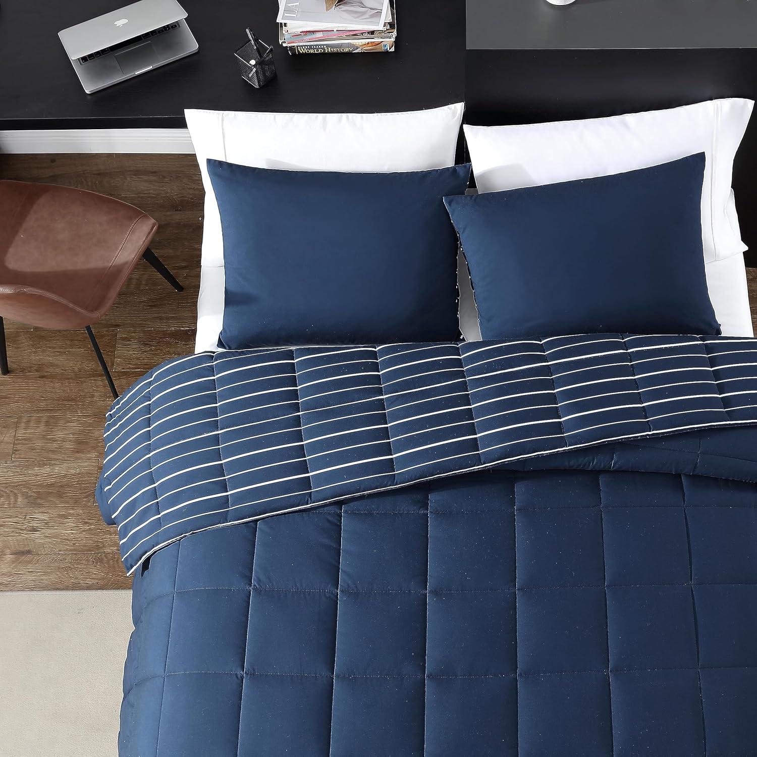 imageNautica Queen Comforter Set Cotton Reversible Bedding Set All Season Home Dcor Longdale Solid Grey QueenLongdale Stripe Navy