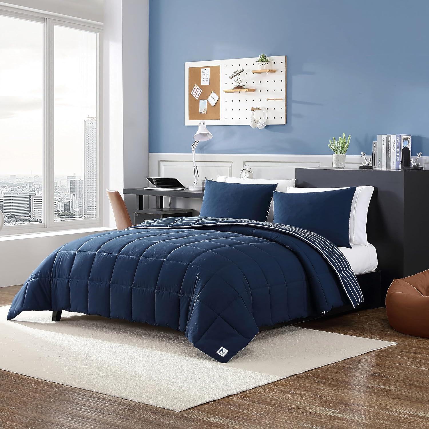imageNautica Queen Comforter Set Cotton Reversible Bedding Set All Season Home Dcor Longdale Solid Grey QueenLongdale Stripe Navy