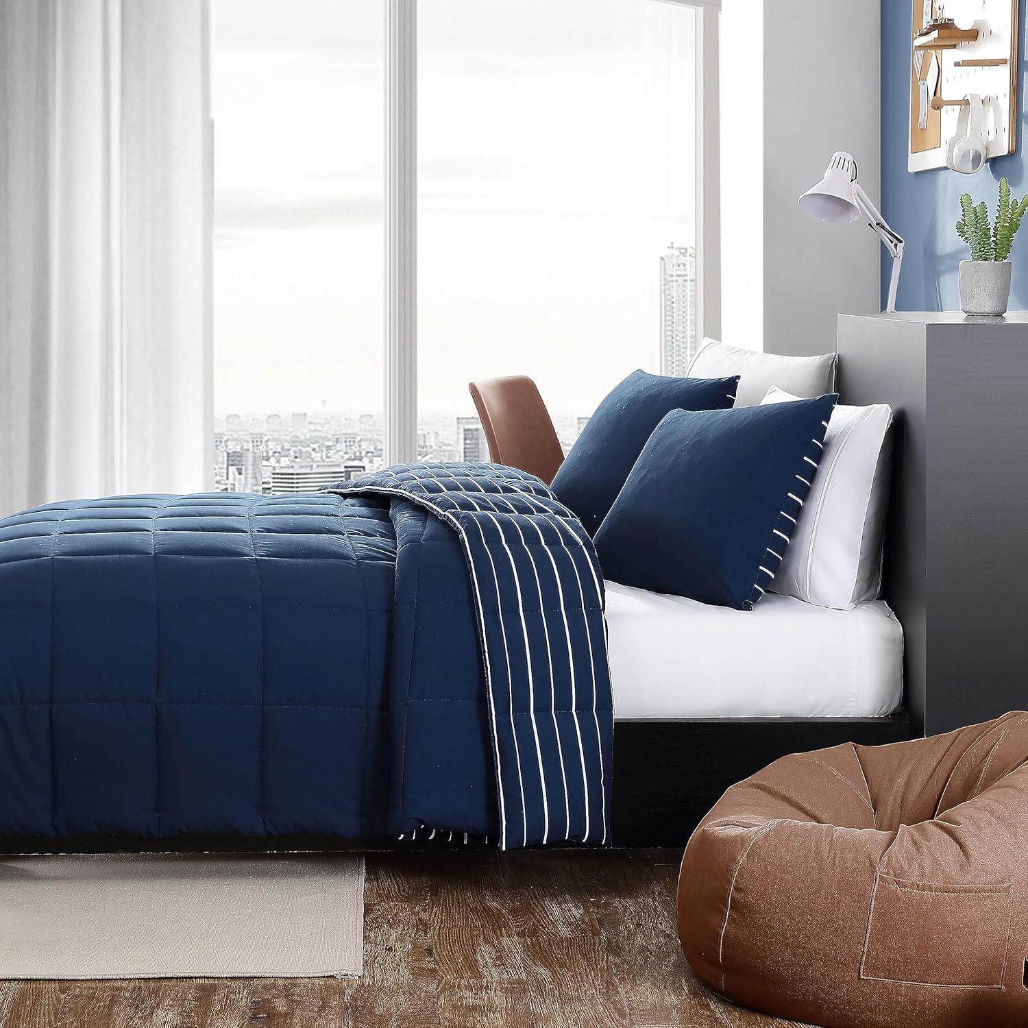 imageNautica Queen Comforter Set Cotton Reversible Bedding Set All Season Home Dcor Longdale Solid Grey QueenLongdale Stripe Navy