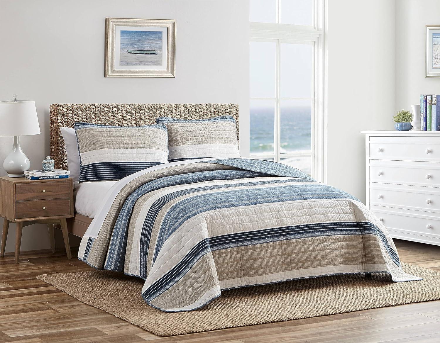 imageNautica Twin Quilt Set Cotton Reversible Bedding Set Dorm Room Essentials Ridgeport Beige TwinRidgeport Denim