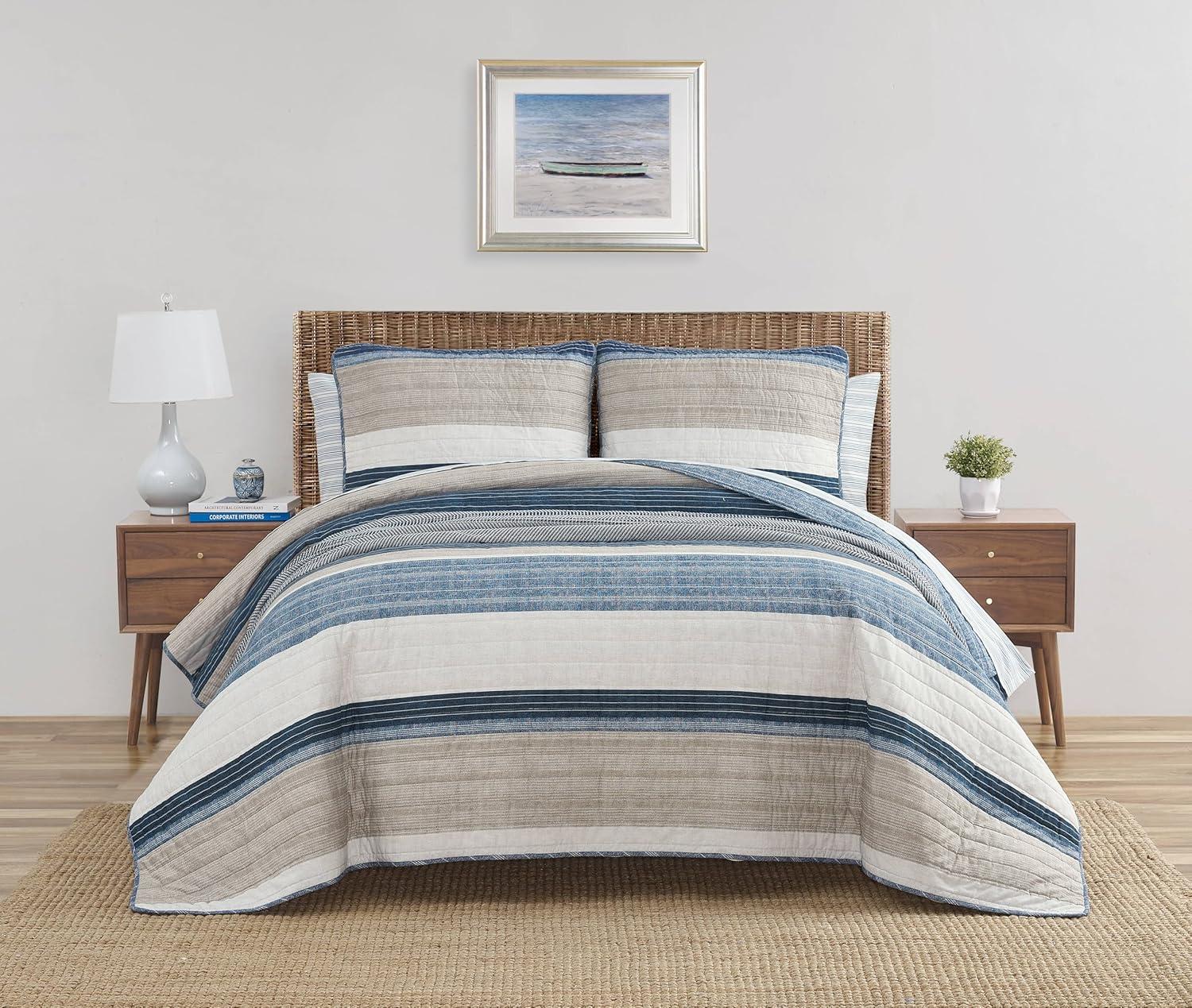 imageNautica Twin Quilt Set Cotton Reversible Bedding Set Dorm Room Essentials Ridgeport Beige TwinRidgeport Denim