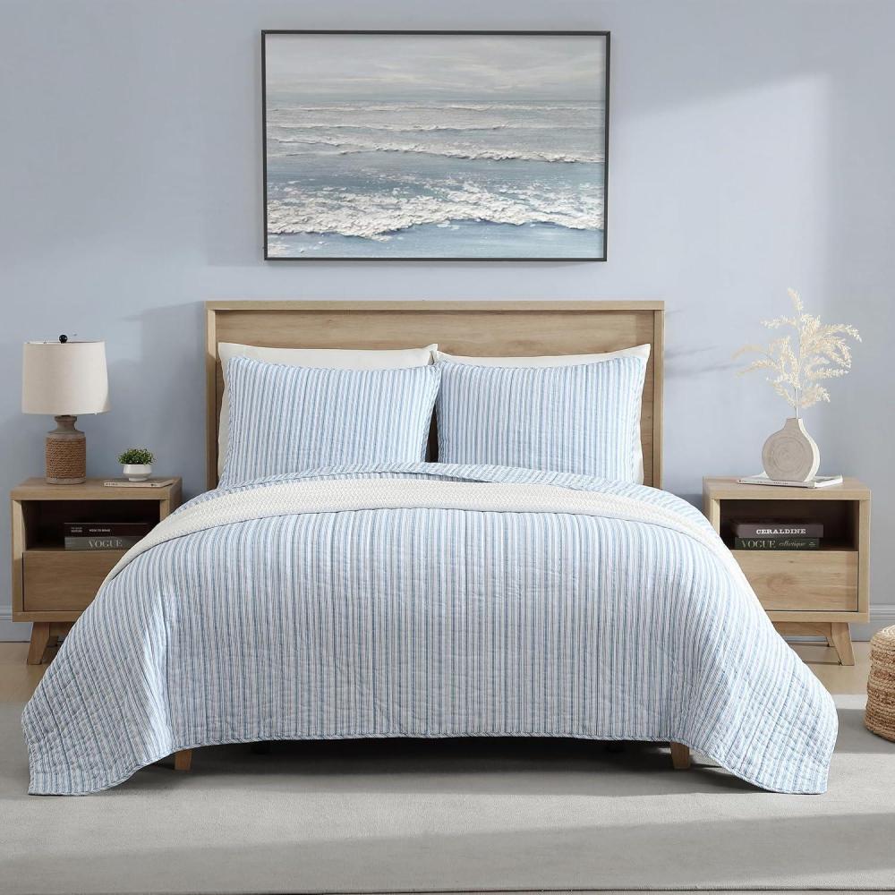 imageNautica  Queen Quilt Set Reversible Cotton Bedding with Matching Shams Modern Home Decor for All Seasons Dover Beige QueenColeridge Stripe Light Blue