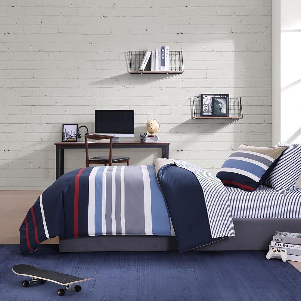 imageNautica  Twin Comforter Set Reversible Cotton Bedding with Matching Sham Medium Weight for Year Round Use OekoTex Certified Dorm Essentials Bradford NavyKhakiTwin