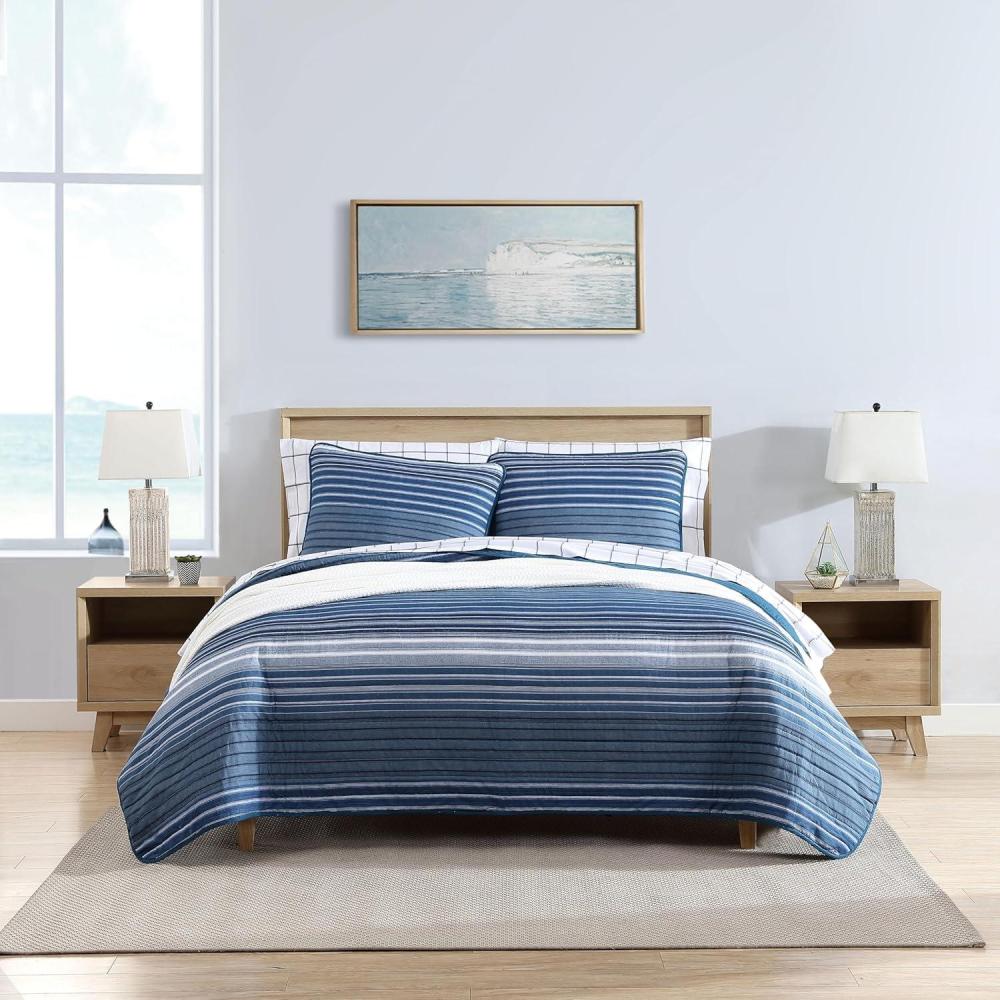 imageNautica  Twin Quilt Set Cotton Reversible Bedding with Matching Sham Dorm Room Essentials Coveside Blue TwinDark BlueMedium Blue