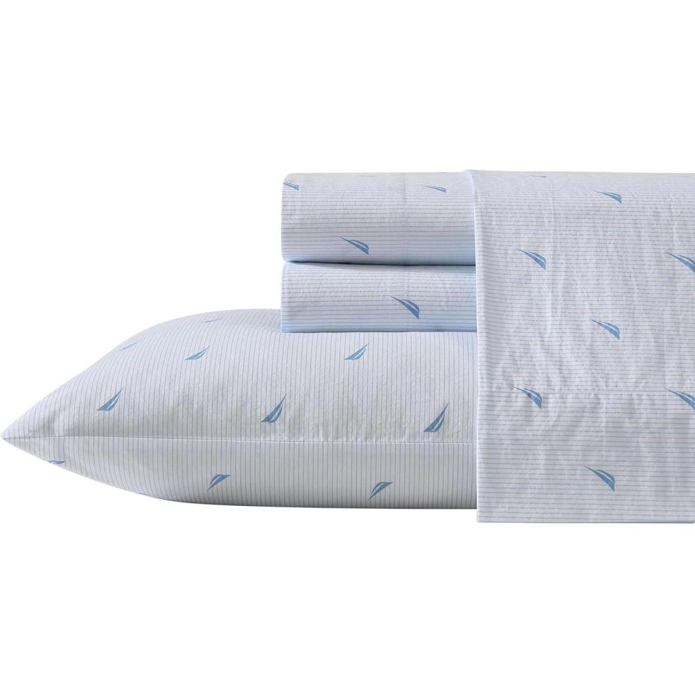 imageNautica  Twin XL Sheets Cotton Percale Bedding Set Crisp ampamp Cool Lightweight ampamp Breathable Boat Stripe Pale Blue Twin XL