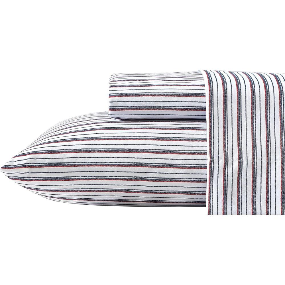 imageNautica  TwinTwin XL Sheet Set Deep Pocket Fitted Sheet and Pillowcase Set Double Layer Elastic Ideal Dorm Essentials Avery Stripe Navy TwinTwin XLAevery Stripe NavyRed