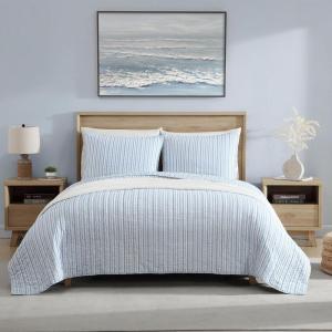imageNautica  Queen Quilt Set Reversible Cotton Bedding with Matching Shams Modern Home Decor for All Seasons Dover Beige QueenColeridge Stripe Light Blue