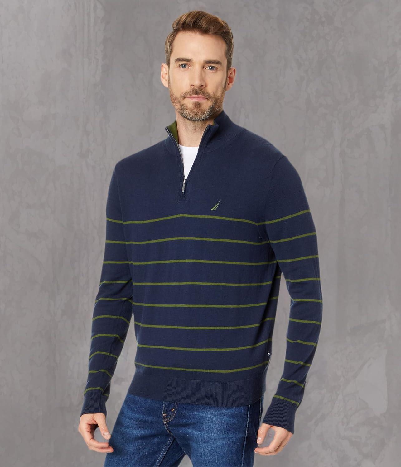 imageNautica Mens Navtech Striped QuarterZip SweaterNavy Seas