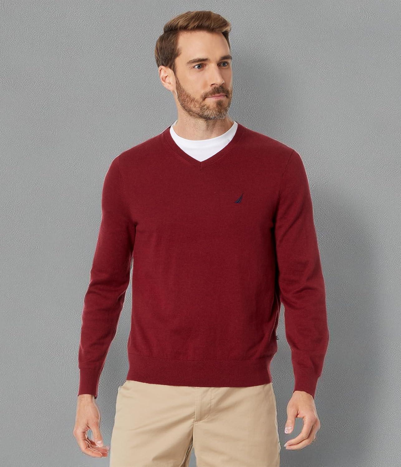 imageNautica Mens Navtech VNeck SweaterDeep Crimson