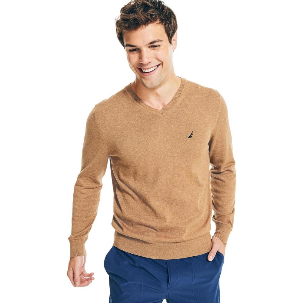 imageNautica Mens Navtech VNeck SweaterCamel Heather