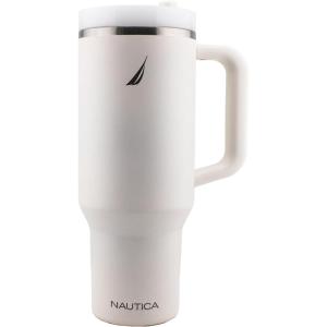 imageNautica 40 oz Large Insulated Tumbler with Handle ampamp Straw with screw on cap Reusable Water Bottle Stainless Steel Travel Mug for Hot Cold or Iced Drink BPAFree Fits Car Cup Holders SageCream