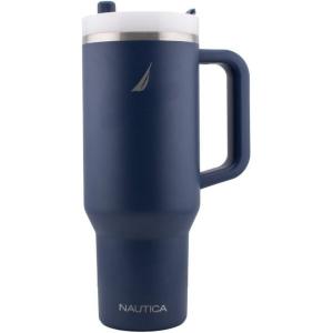 imageNautica 40 oz Large Insulated Tumbler with Handle ampamp Straw with screw on cap Reusable Water Bottle Stainless Steel Travel Mug for Hot Cold or Iced Drink BPAFree Fits Car Cup Holders SageNavy