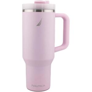 imageNautica 40 oz Large Insulated Tumbler with Handle ampamp Straw with screw on cap Reusable Water Bottle Stainless Steel Travel Mug for Hot Cold or Iced Drink BPAFree Fits Car Cup Holders SagePink