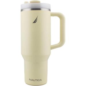 imageNautica 40 oz Large Insulated Tumbler with Handle ampamp Straw with screw on cap Reusable Water Bottle Stainless Steel Travel Mug for Hot Cold or Iced Drink BPAFree Fits Car Cup Holders SageLight Yellow