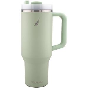 imageNautica 40 oz Large Insulated Tumbler with Handle ampamp Straw with screw on cap Reusable Water Bottle Stainless Steel Travel Mug for Hot Cold or Iced Drink BPAFree Fits Car Cup Holders SageSage