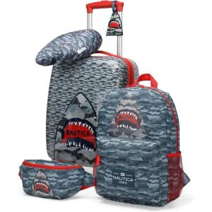 imageNautica Kids Luggage  18 Airline Approved Rolling Hardside Upright Carryon Suitcase Set with Wheels Shark Attack  5pc Travel SetShark Attack  5pc Travel Set