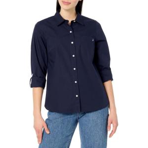 imageNautica Womens Button Front Long Sleeve Roll Tab ShirtNight Sky