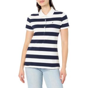 imageNautica Womens 5Button Short Sleeve Breathable 100 Cotton Polo ShirtNight SkyBright White