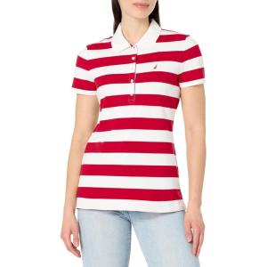 imageNautica Womens 5Button Short Sleeve Breathable 100 Cotton Polo ShirtRegatta RedBright White