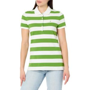 imageNautica Womens 5Button Short Sleeve Breathable 100 Cotton Polo ShirtSalted LimeBright White