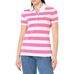 imageNautica Womens 5Button Short Sleeve Breathable 100 Cotton Polo ShirtSangria SunsetBright White
