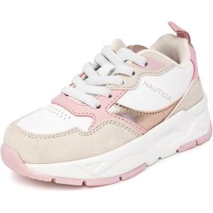 imageNautica Girls Sneakers Athletic Walking Shoes for Play and Everyday Wear Comfortable Casual Toddler and Youth Bungee and LaceUpWhite Gold Pink