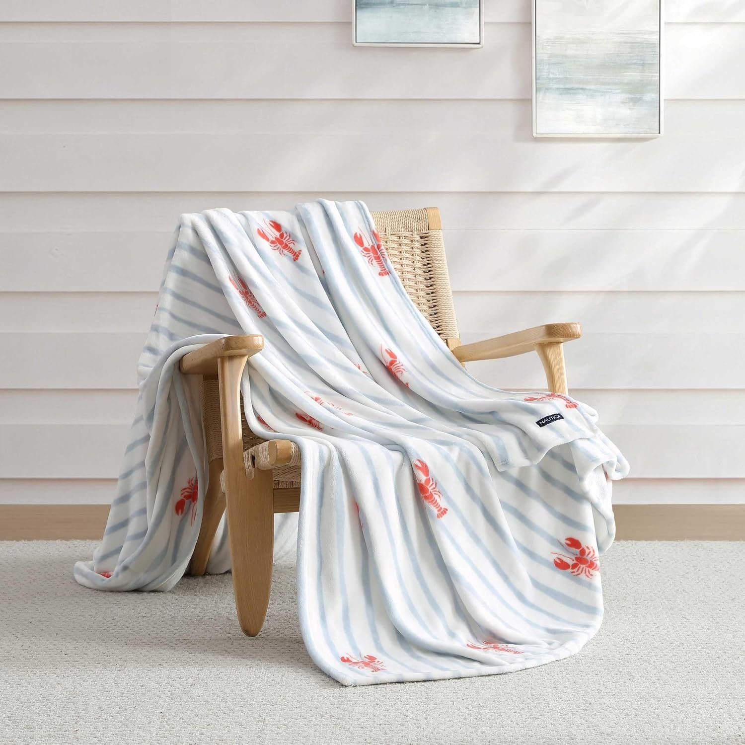 image:imageNautica  Twin Size Blanket UltraSoft Plush Blanket Medium Weight Cozy Bedding Americana Decor with Lobster Stripe DesignLobster Watercolor Stripes Blue