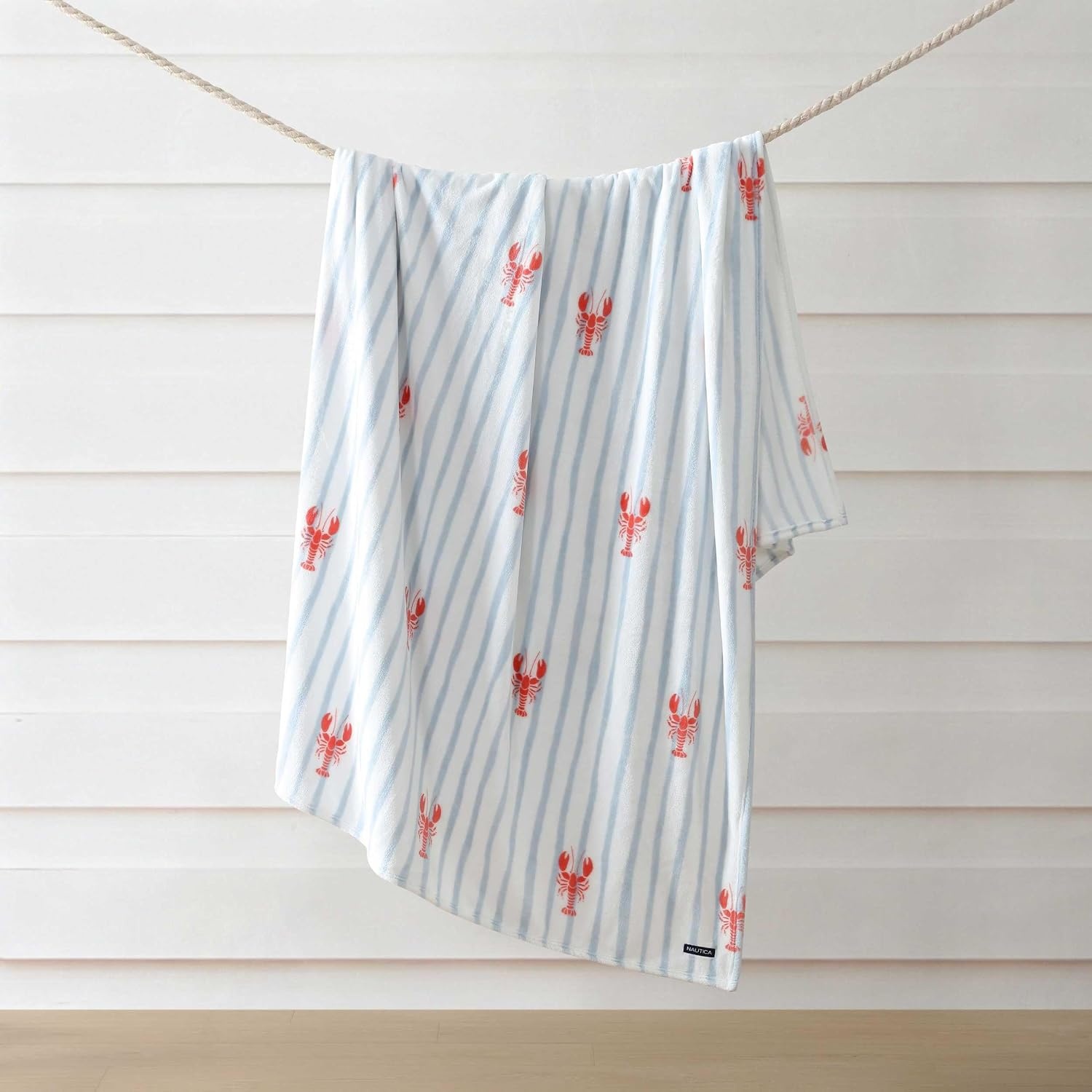 image:imageNautica  Twin Size Blanket UltraSoft Plush Blanket Medium Weight Cozy Bedding Americana Decor with Lobster Stripe DesignLobster Watercolor Stripes Blue
