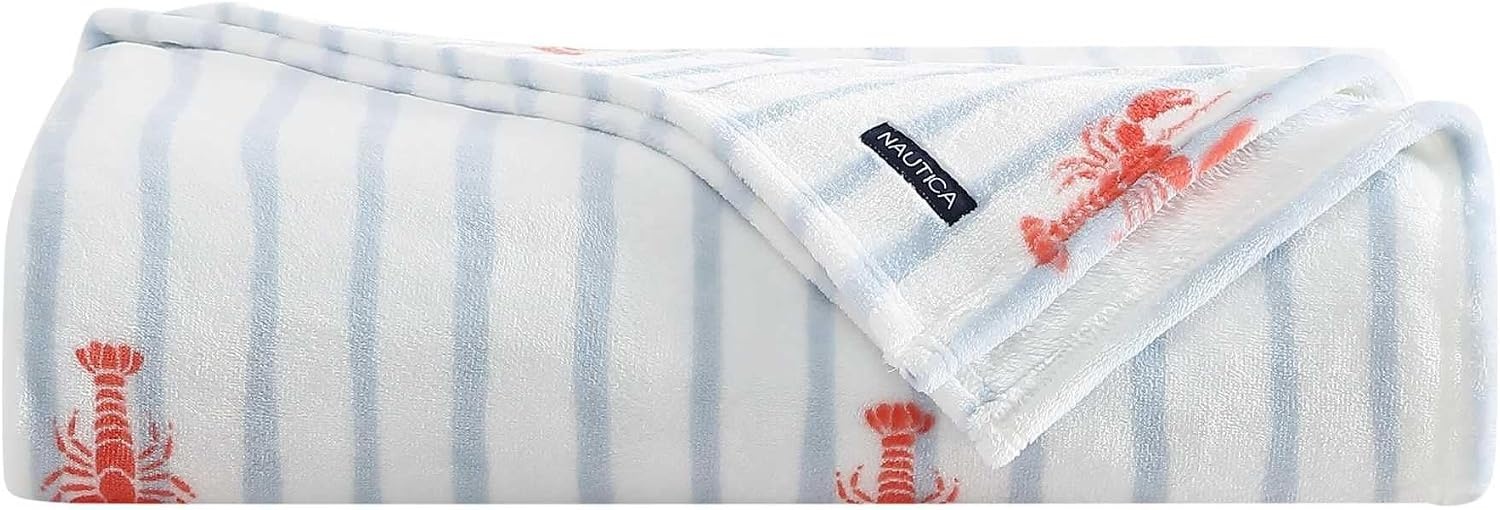 image:imageNautica  Twin Size Blanket UltraSoft Plush Blanket Medium Weight Cozy Bedding Americana Decor with Lobster Stripe DesignLobster Watercolor Stripes Blue