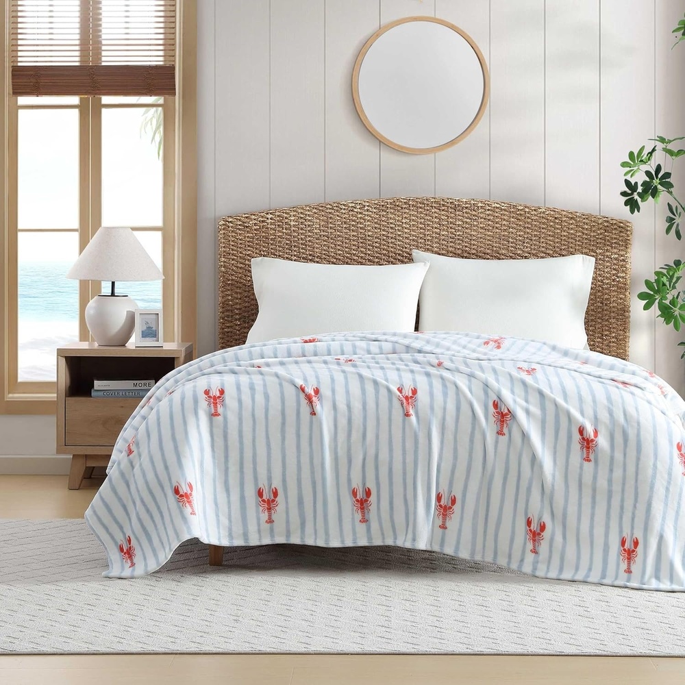 image:imageNautica  Twin Size Blanket UltraSoft Plush Blanket Medium Weight Cozy Bedding Americana Decor with Lobster Stripe DesignLobster Watercolor Stripes Blue