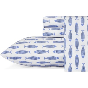 image:imageNautica  Twin Size Sheet Set Crisp Cotton Percale Bedding with Matching Pillowcase Lightweight amp Breathable Bed Sheets Deep Pocket College Dorm Room Essentials Whitewood Sail BlueWoodblock Fish Blue