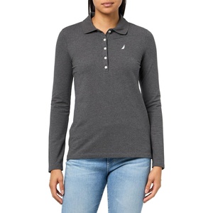 image:imageNautica Womens Long Sleeve Solid Collared Polo ShirtCharcoal Heather