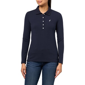 image:imageNautica Womens Long Sleeve Solid Collared Polo ShirtNight Sky